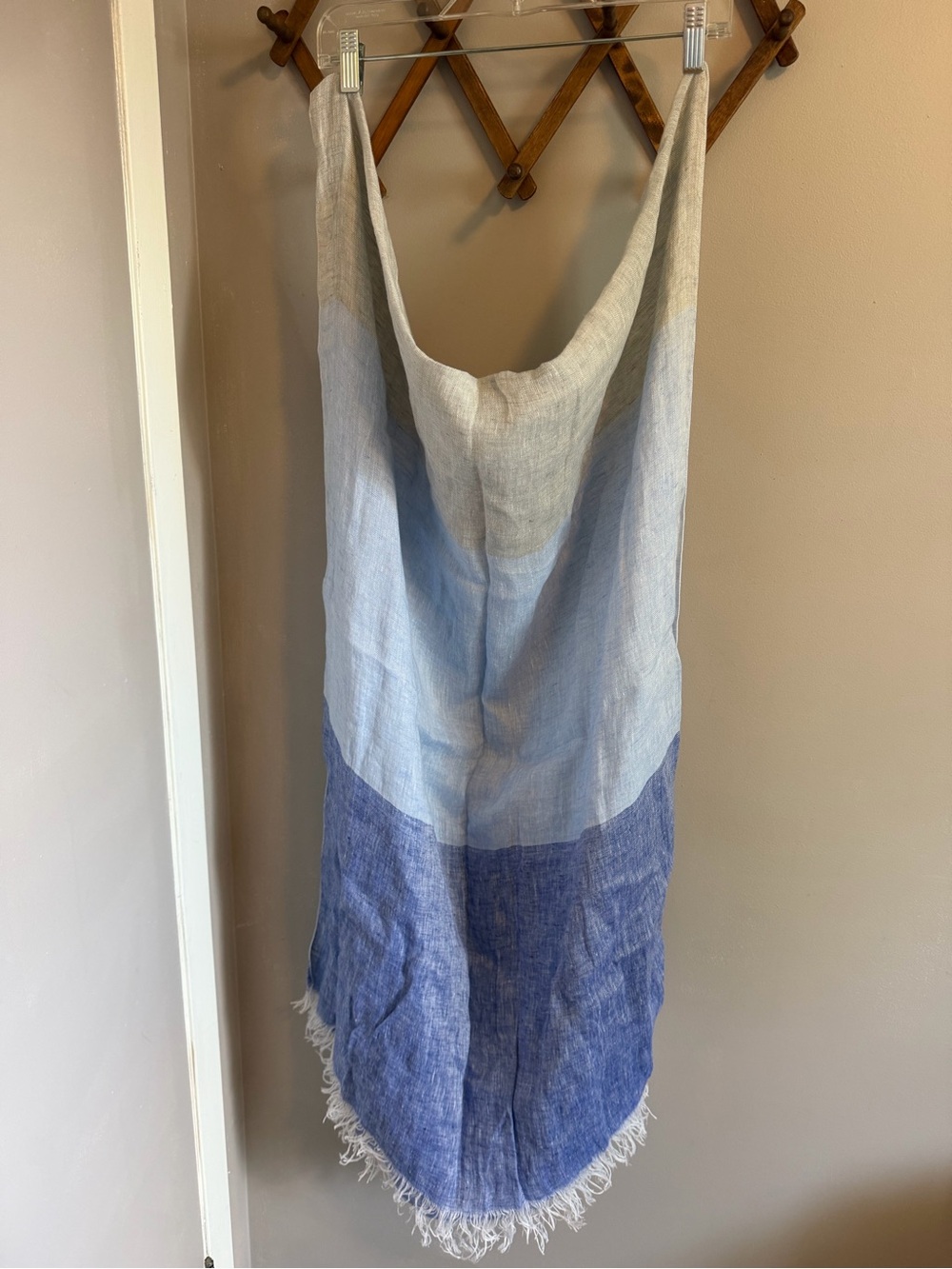 Tessitura Parda Colorblock Fringe 100% Linen Scarf Wrap Blue OS